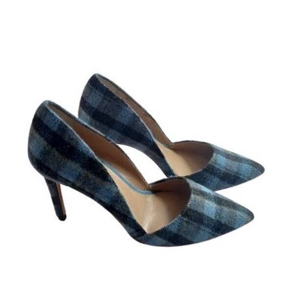 Ann Taylor Womens Azra Pump Heels Blue Combo Plaid Pointed Toe 8M - Picture 1 of 6